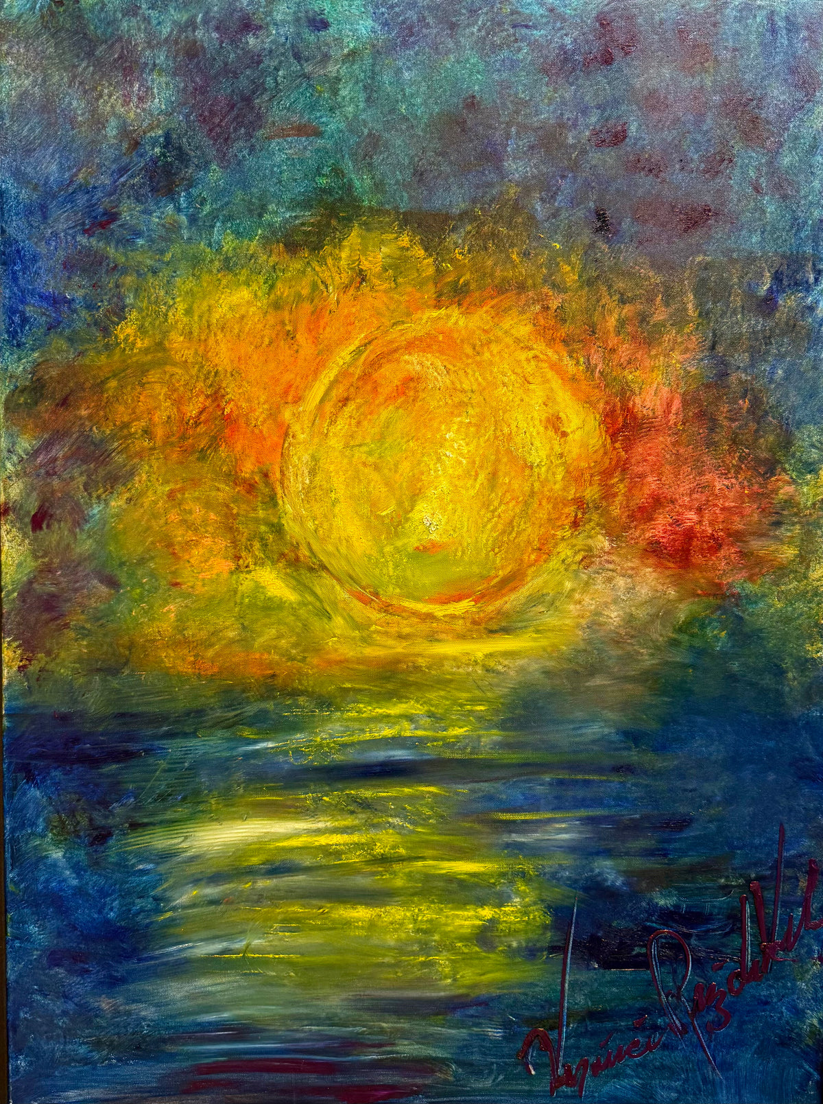 Asha Sun Rising — original oil on canvas by Veronica Ruiz de Velasco, 30 x 40 inches, depicting a glowing orange-gold sun over teal-blue water with reflected light