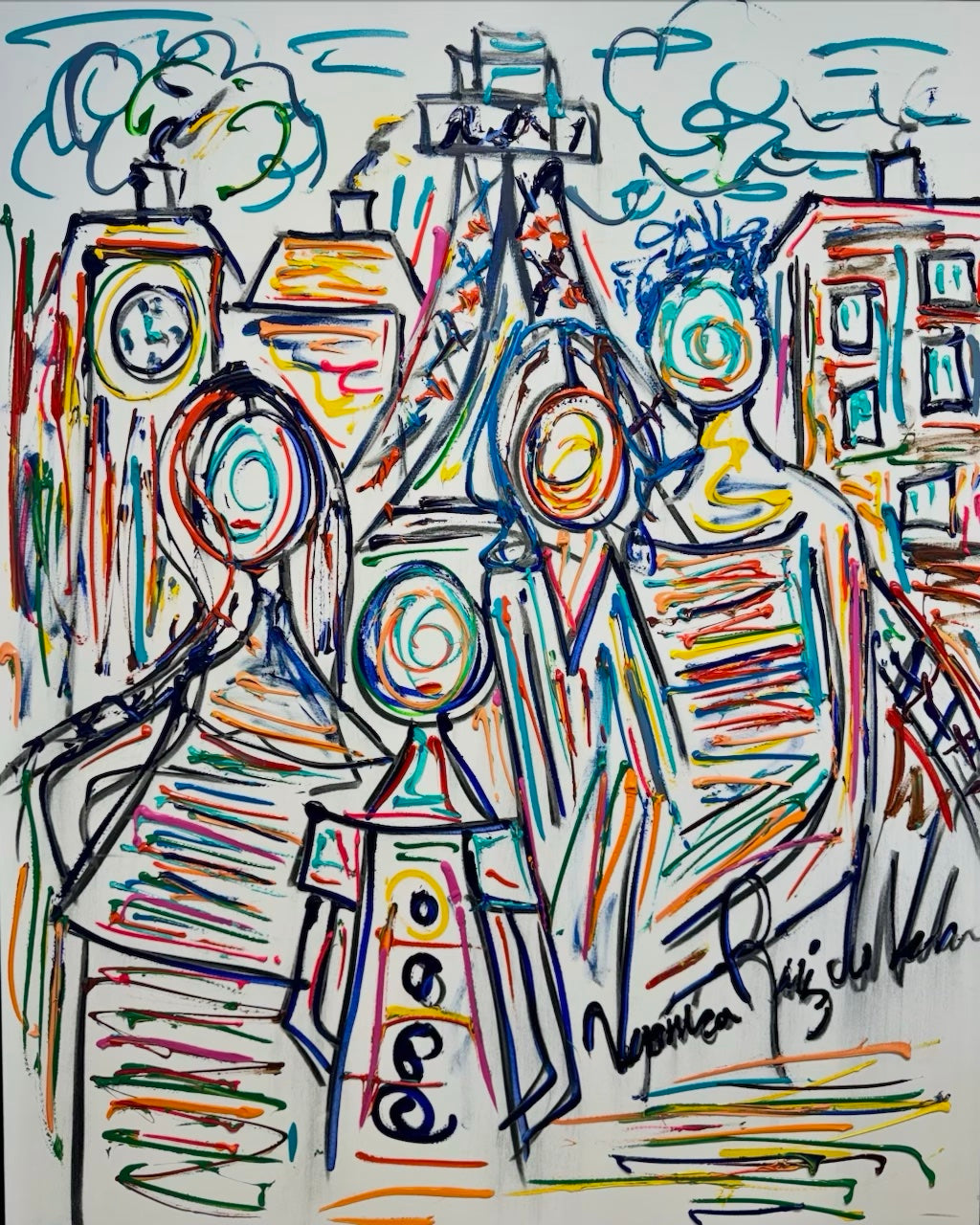 Family is Everything — original mixed technique by Veronica Ruiz de Velasco, 60 x 48 inches, depicting five spiral-eyed figures beneath gabled rooftops