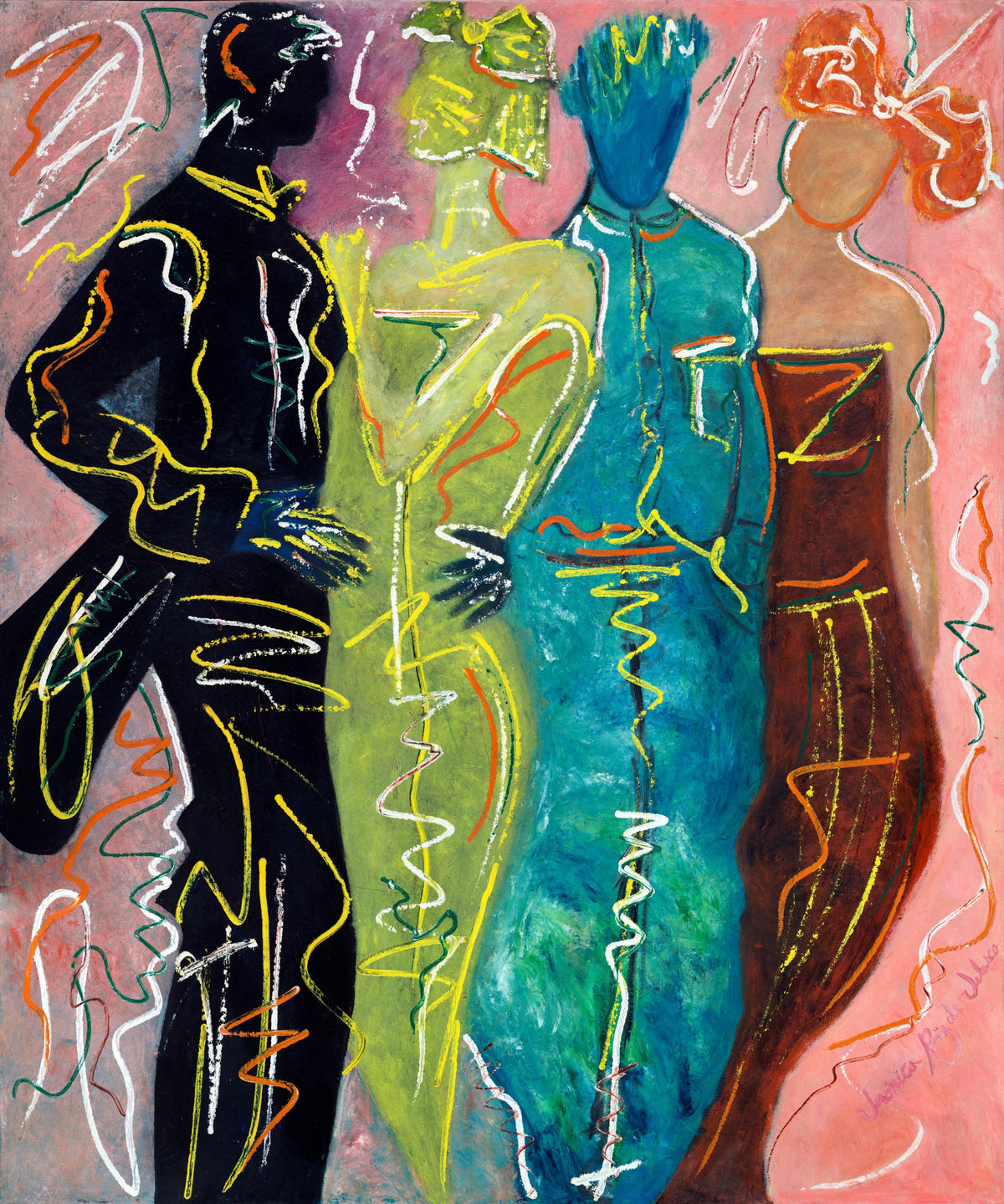 Fantasy — limited-edition masterprint by Veronica Ruiz de Velasco. Four standing figures rendered as flat silhouettes in black, chartreuse, teal, and rust stand shoulder to shoulder against a soft coral ground, each traced with loose, looping lines of white, yellow.