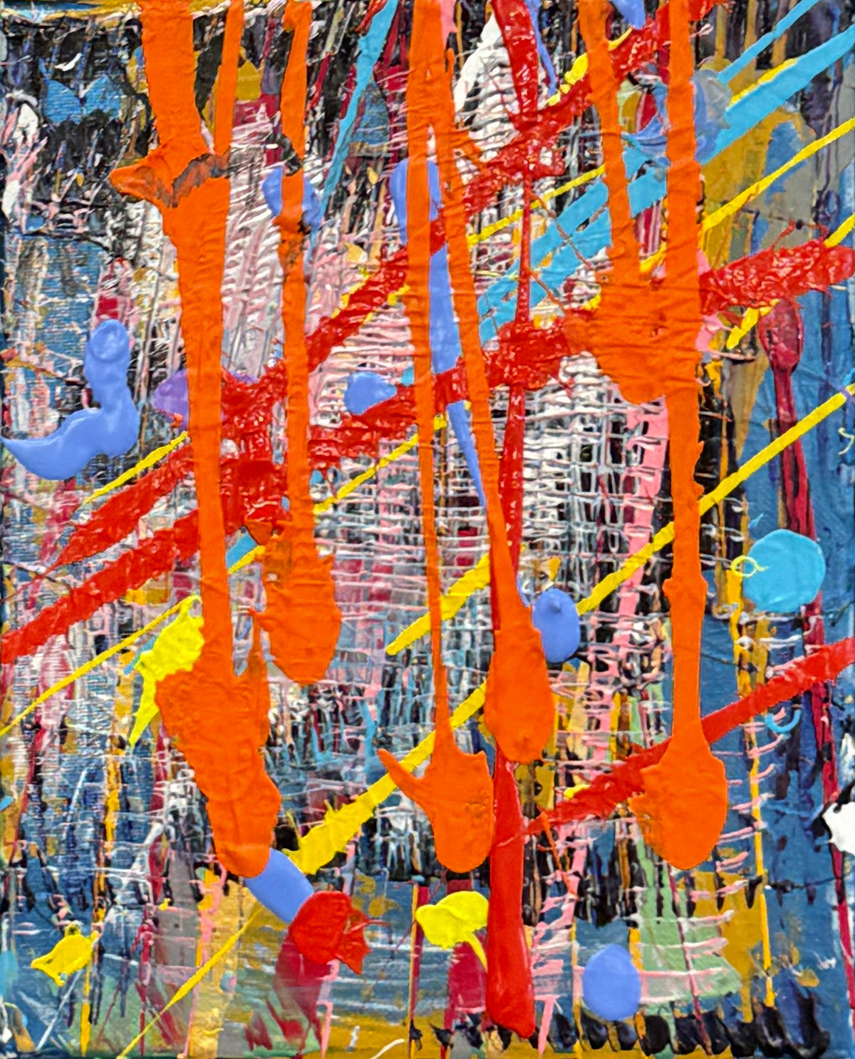 Summer Time 8 — original acrylic on canvas by Veronica Ruiz de Velasco, 18 x 12 inches, depicting orange paint drips over a crosshatched field of pink, blue, red and yellow diagonal strokes