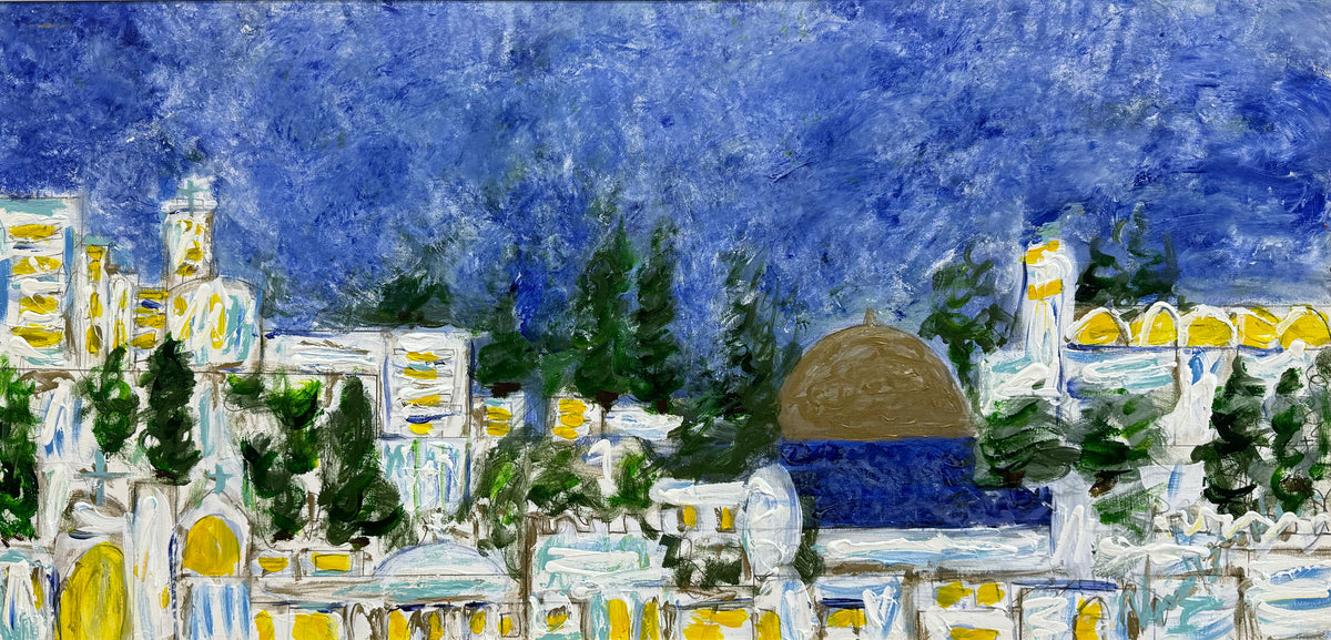 Jerusalem — original acrylic on canvas by Veronica Ruiz de Velasco, 24 x 47 inches, depicting a golden dome among white buildings and dark green trees under a deep blue sky