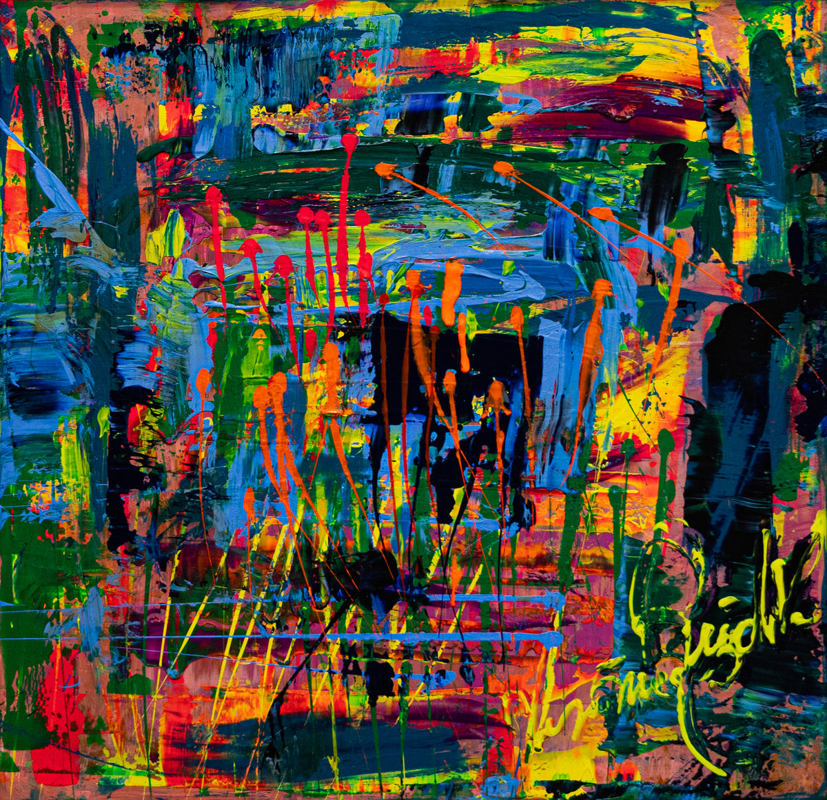 Just Having Fun — original acrylic on canvas by Veronica Ruiz de Velasco, 60 x 48 inches, depicting layered green, navy and teal over coral-pink with orange and red drips and yellow lines