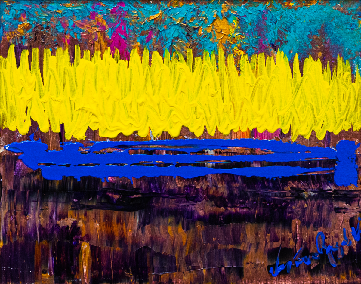 View Yellow — original mixed technique by Veronica Ruiz de Velasco, 12 x 18 inches, depicting a wavy yellow band over a cobalt blue stripe above dark purple streaks