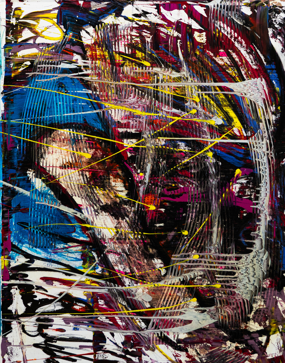 Abstraction — original mixed technique by Veronica Ruiz de Velasco, 48 x 36 inches, depicting combed white, grey and blue ridges over crimson and black with thin yellow lines