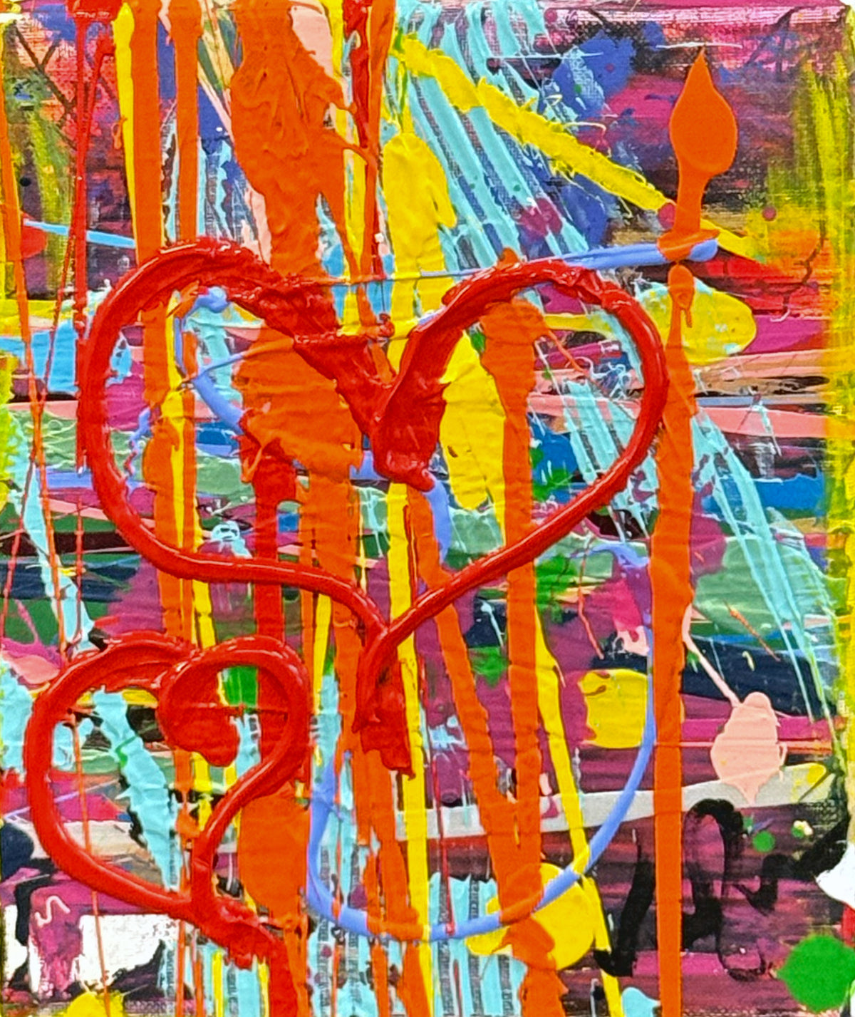 Summertime — original acrylic on canvas by Veronica Ruiz de Velasco, 18 x 12 inches, depicting two thick red hearts over dripping orange and yellow streaks with turquoise strokes