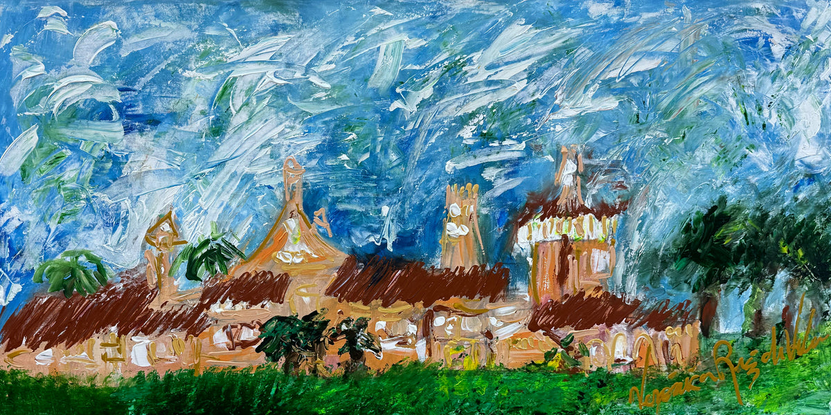 Mar a Lago — original mixed technique by Veronica Ruiz de Velasco, 24 x 18 inches, depicting a row of orange-walled buildings with brown roofs and towers under a swirling blue sky