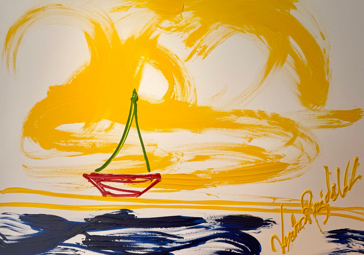 Lovely ocean day — original acrylic on canvas by Veronica Ruiz de Velasco, 48 x 60 inches, depicting Abstract boat on colorful sea and sky background