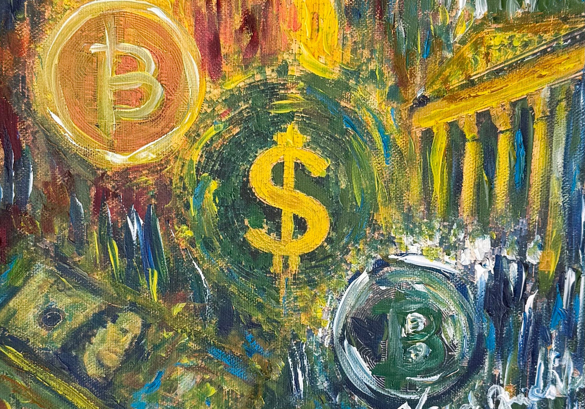 Bitcoin — original oil on canvas by Veronica Ruiz de Velasco, 11 x 18 inches, depicting Abstract painting of bitcoin symbols, dollar sign, currency, and classical bank columns