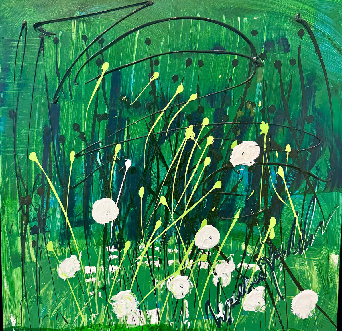 Good Game Golf — original acrylic on canvas by Veronica Ruiz de Velasco, 36 x 36 inches, depicting chartreuse and green grass with white blossoms and black wire-like arcs suggesting a golf swing