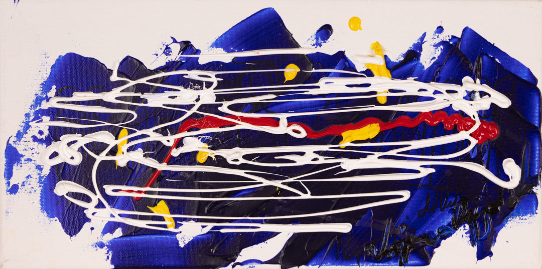 Mediterranean Sea Blue — original acrylic on canvas by Veronica Ruiz de Velasco: another study in deep blue, white lines tangled like current beneath the surface, a bold red line winding nearly