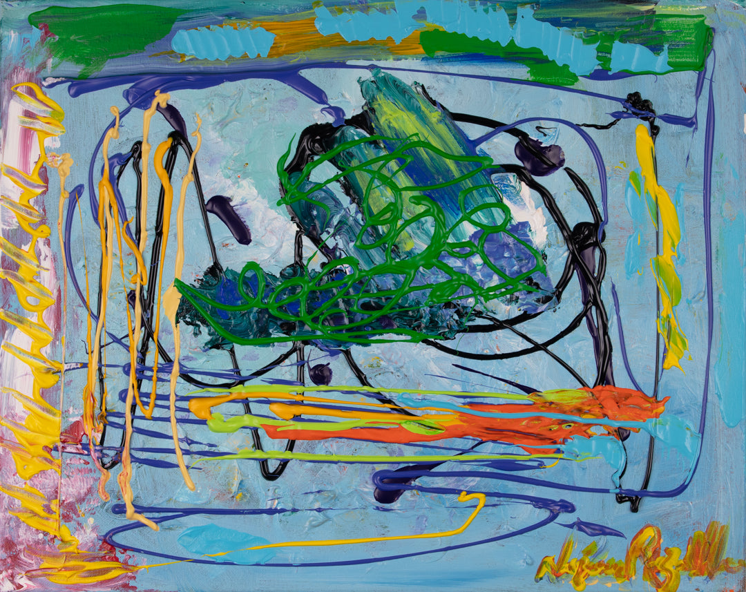 Disfrutando — original acrylic on canvas by Veronica Ruiz de Velasco, a green scribble mass with black squiggles on light blue and yellow and orange paint drips