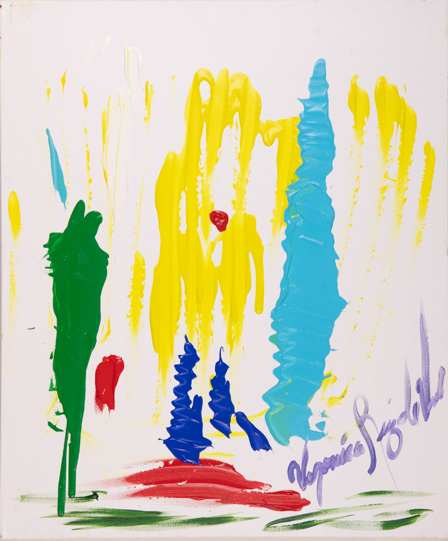3 Souls Color — original acrylic on canvas by Veronica Ruiz de Velasco, three tall drips of emerald green, yellow and turquoise rising from a red pool on white