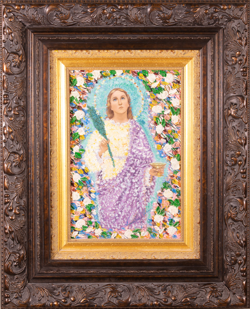Virgin Of Saint Lucia — original oil on canvas by Veronica Ruiz de Velasco, a lilac-robed figure with a turquoise halo holding a green frond and gold cup within a border of impasto white roses and pink blossoms