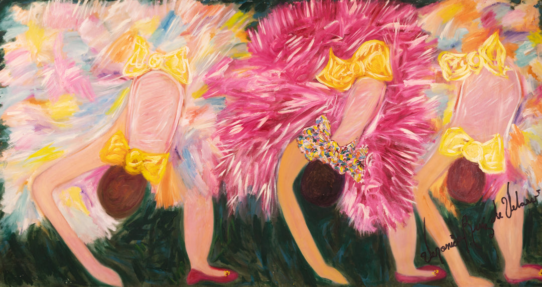 Oh La La Dancers — original oil on canvas by Veronica Ruiz de Velasco, three dancers bending in a can-can line in feathered pink and magenta tutus with yellow bows on a pastel wash above a green floor