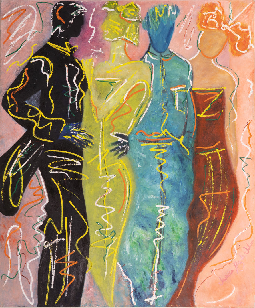 Fantasy — original oil on canvas by Veronica Ruiz de Velasco: four figures stand shoulder to shoulder in a loose line, their bodies rendered as flat planes of black, chartreuse