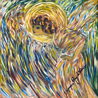 Gabriel — original painting by Veronica Ruiz de Velasco. A golden halo of swirling brushwork encircles a face turned in profile.