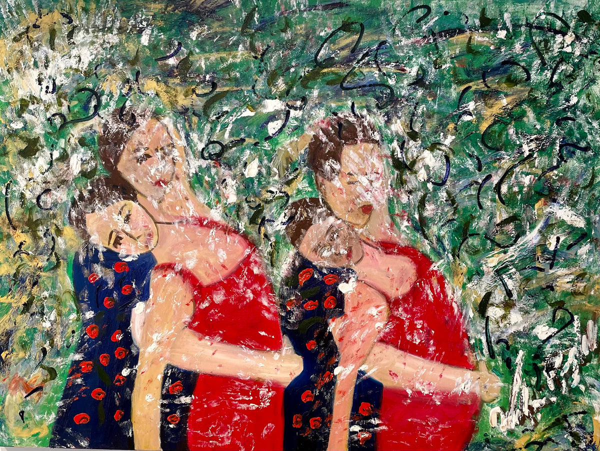 Romance Dancer — original oil on canvas by Veronica Ruiz de Velasco. Two pairs of women in flame-red gowns lean into one another at the center of the canvas.