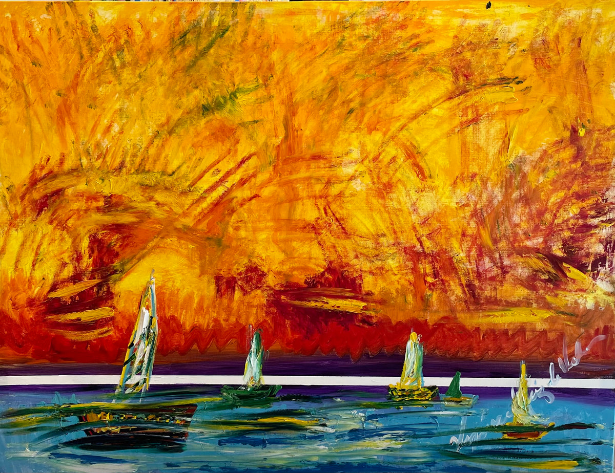 Sunset — original painting by Veronica Ruiz de Velasco. A row of small sailboats drifts across a band of turquoise water beneath a blazing sky of orange, gold, and deep red.