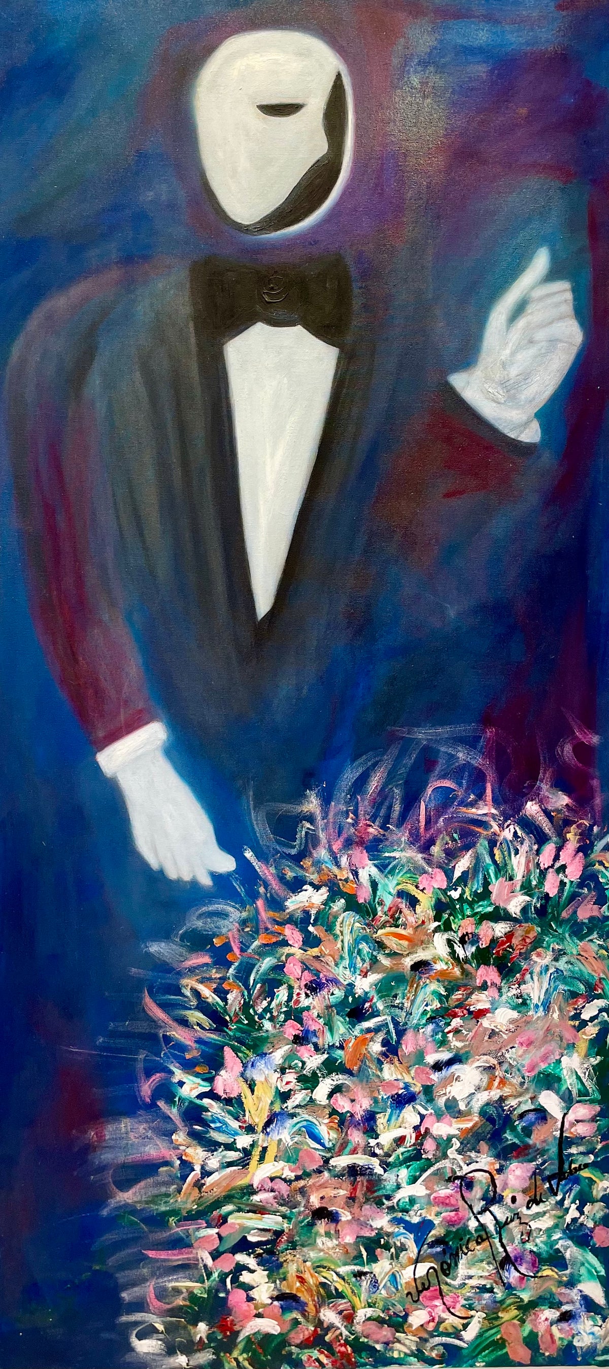 Phantom of the Opera - Bouquet 2000 - Hommage to Andrew Lloyd Webber — original painting by Veronica Ruiz de Velasco. A tuxedoed figure with a smooth white oval mask in place of a face stands against a deep field of blue and violet.