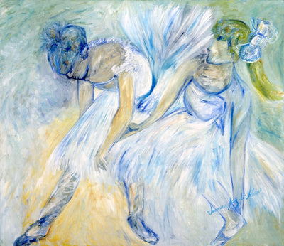 Homage to Edgar Degas — original oil on canvas by Veronica Ruiz de Velasco: one dancer leans into a downward curve, head bowed, body folded toward the floor; the other reclines beside her