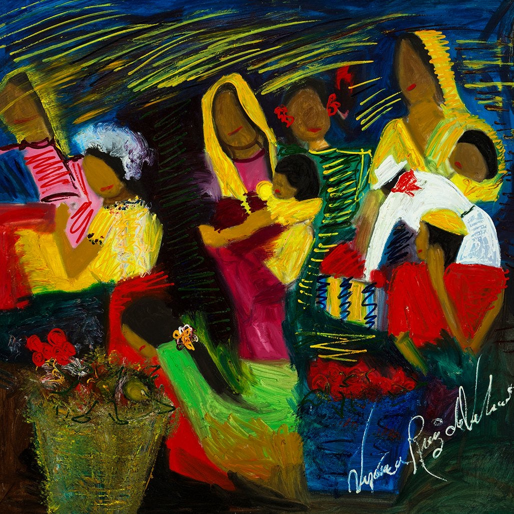 Cautla Morelos Mercado — original oil on canvas by Veronica Ruiz de Velasco. A row of stylized women with elongated, mask-like faces gathers at a bustling market stall, dressed in vivid pink.