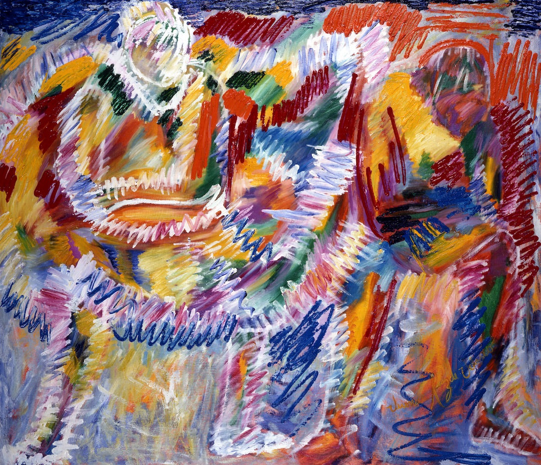 Sitting Dancers — original oil on canvas by Veronica Ruiz de Velasco: broken planes of crimson, cobalt, and marigold cut across the canvas in loose diagonal strokes, two seated